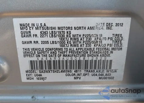 2013 Mitsubishi Outlander Sport Es из США, поврежденный, VIN 4A4AR3AU6DE012829